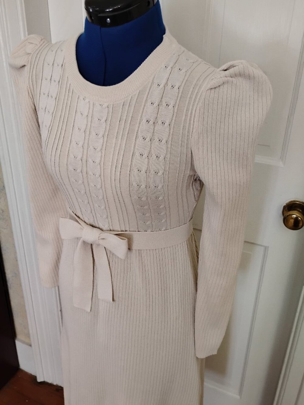 Cream Cable Knit Puff Sleeve Sweater Dress - Picture 3 of 7